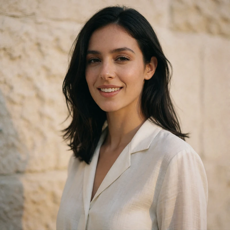 Jordanian woman with dark shoulder-length hair smiling warmly against a defocused limestone wall
