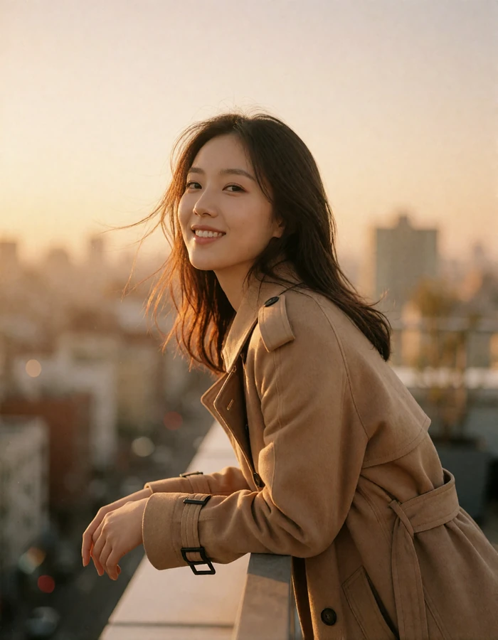 Korean woman in a camel trench coat leaning on a rooftop terrace rail at golden hour
