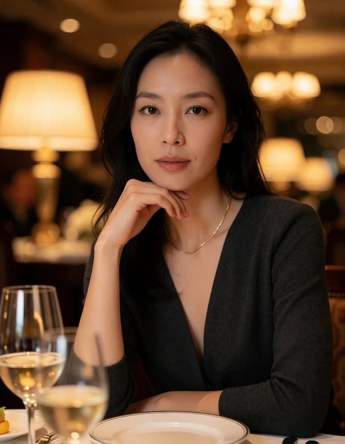 Chinese woman in a charcoal top with a slim gold chain seated at a fine dining table