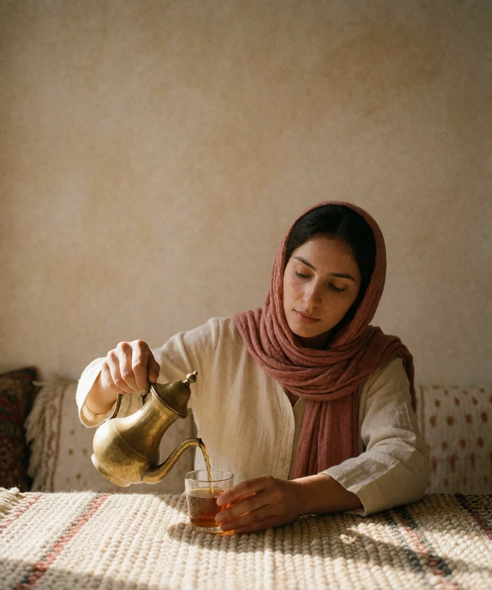 Afghan woman in a muted rose head covering pouring tea from a slender pot in a quiet sunlit room