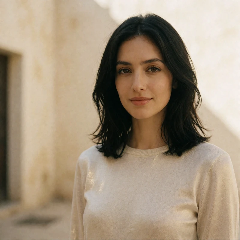 Armenian woman in her late twenties smiling gently against a sunlit cream courtyard wall