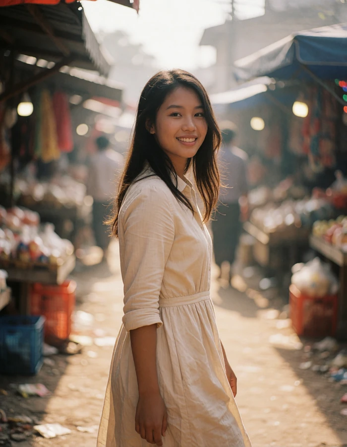 Laotian woman in a light beige shirt dress turning toward the camera in a sunlit morning market lane