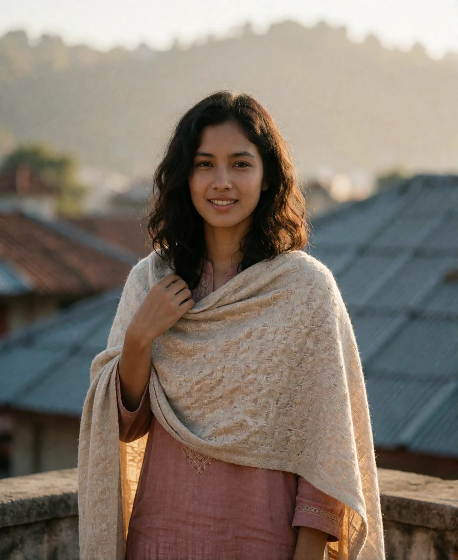 Nepali woman in a dusty rose tunic on a rooftop terrace at late afternoon