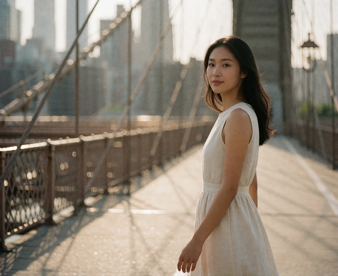 Elegant woman in an ivory linen dress walking along a wide pedestrian bridge walkway in warm late-afternoon light