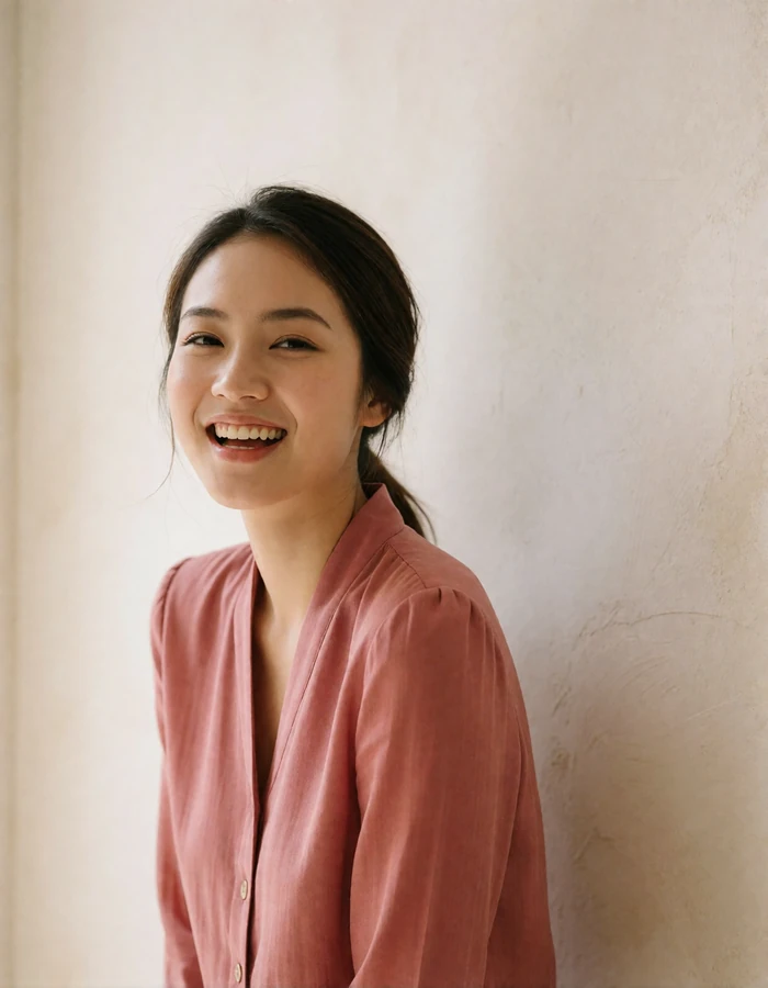 Vietnamese woman in a muted rose blouse laughing softly beside a bright plaster wall