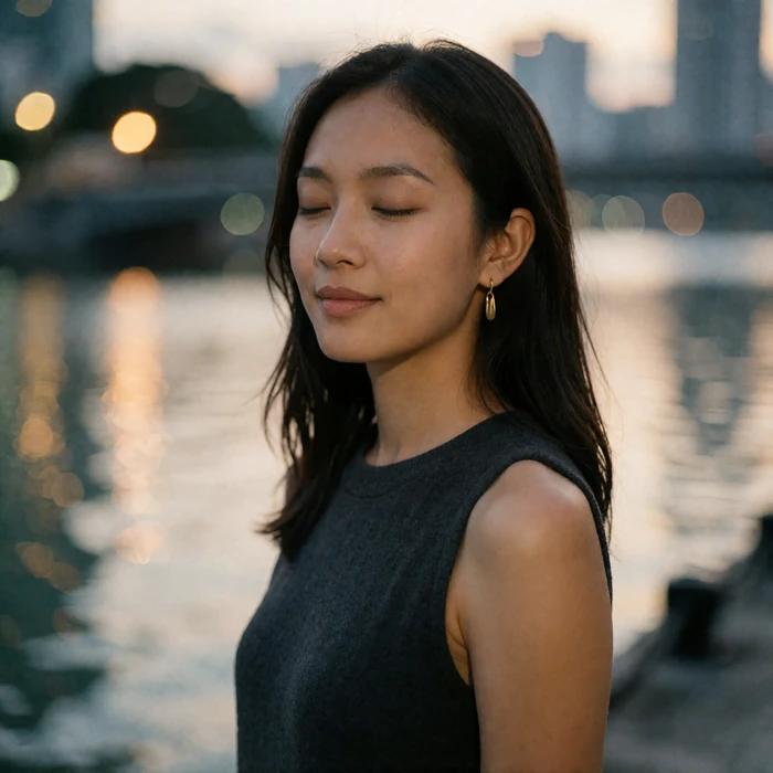 Singaporean woman in a charcoal top beside a riverside quay at dusk with a relaxed smile