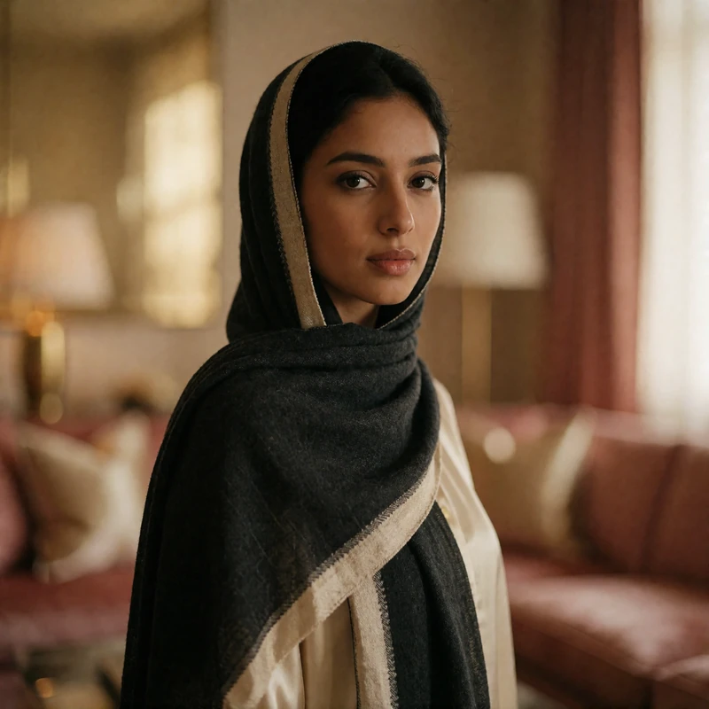 Yemeni woman in a deep charcoal scarf edged in cream standing in a warm-lit lounge