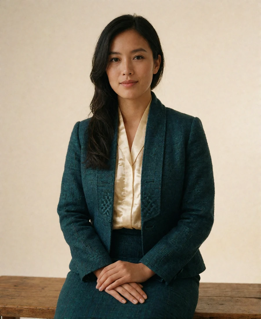 Bhutanese woman in a deep teal woven jacket seated on a wooden bench with a composed gentle smile