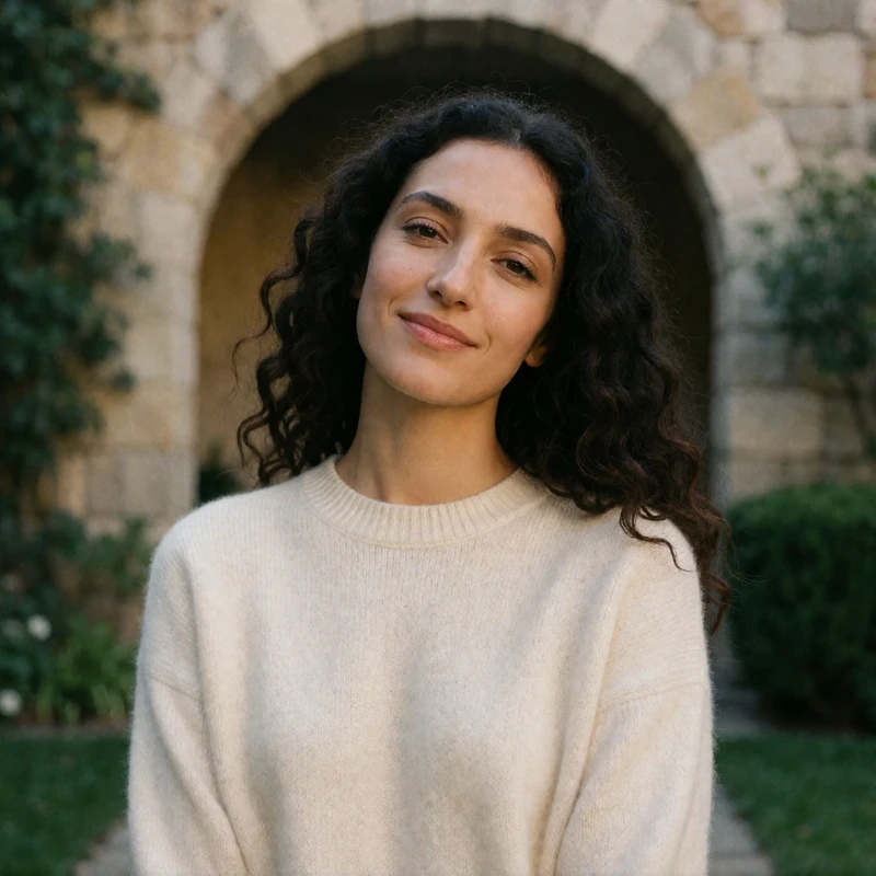 Armenian woman with long dark curls in a cream cashmere sweater near a stone archway