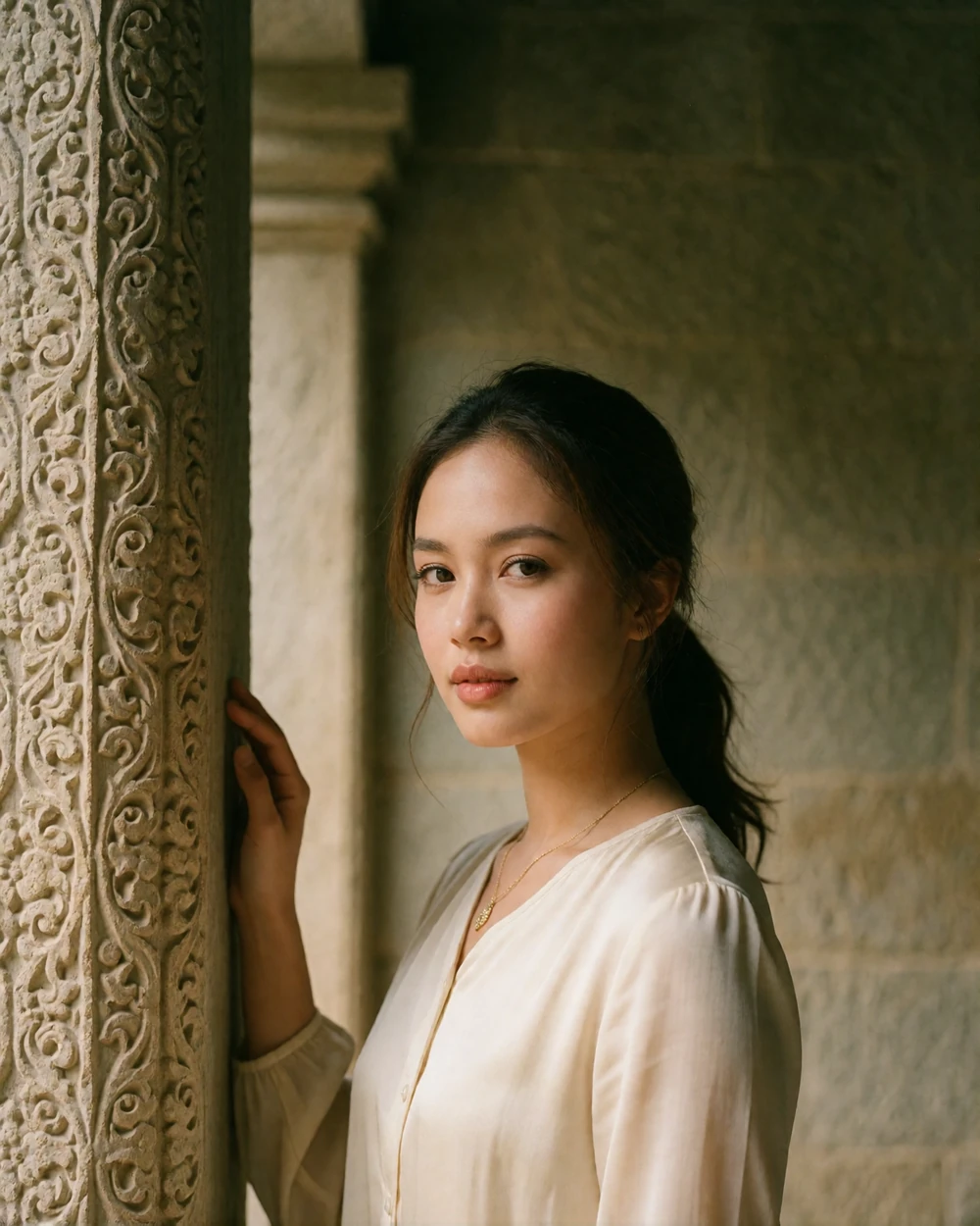 Cambodian woman in an ivory blouse standing beside a carved stone column in a shaded courtyard