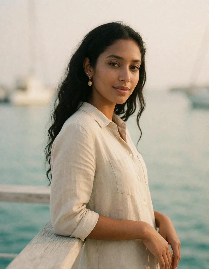 Maldivian woman leaning on a pale wooden railing near a harbor with a gentle smile and natural eye contact