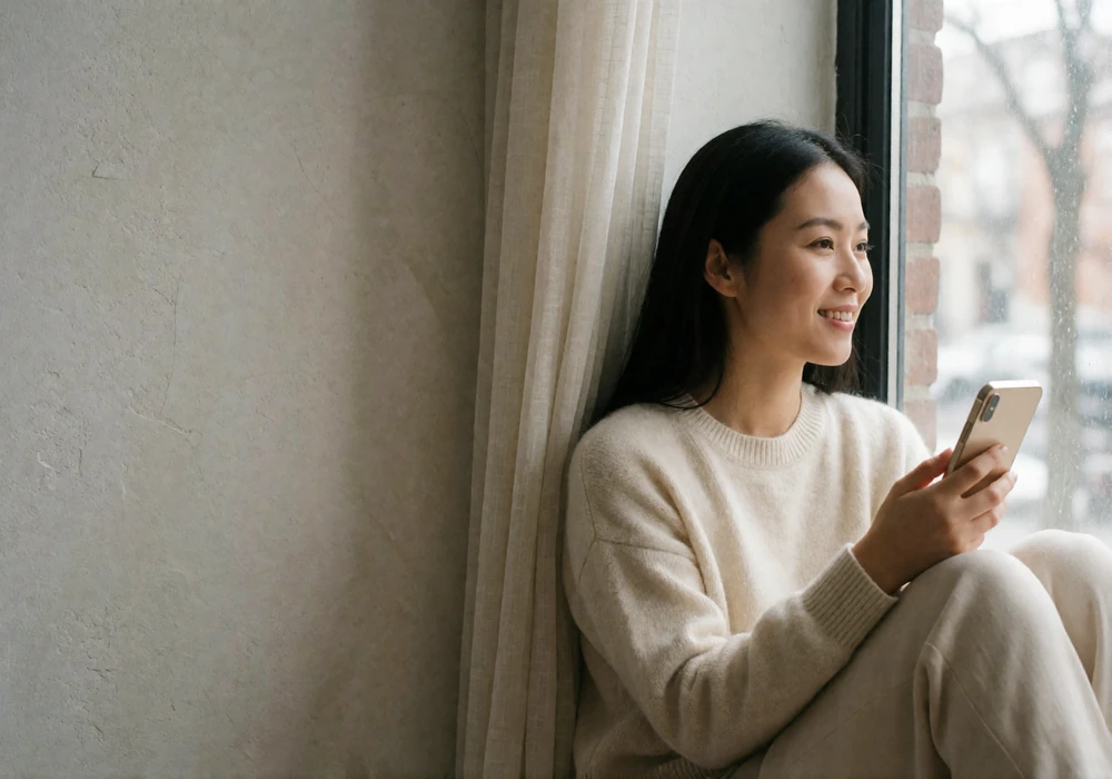 A woman sits in a window seat smiling while on a phone call