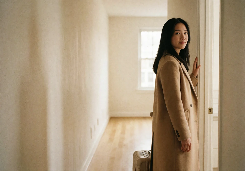 Asian woman with a suitcase pausing in a bright apartment hallway, glancing back with a hopeful smile