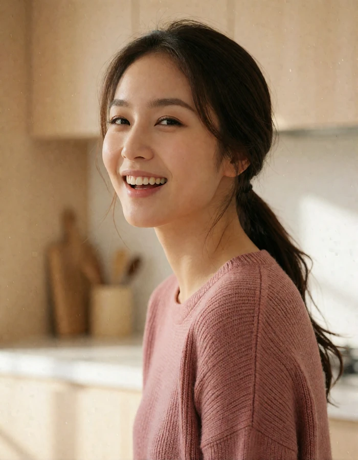Korean woman in a muted rose knit top laughing lightly in a bright modern kitchen