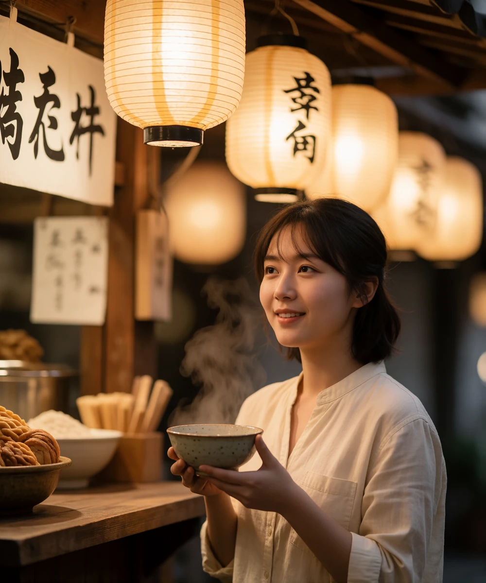 Taiwanese woman holding a ceramic bowl at a quiet night market food stall in warm lantern light