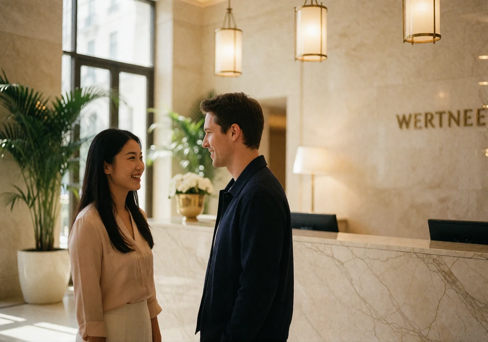 Couple meeting for the first time in a bright upscale hotel lobby with warm daylight from tall windows