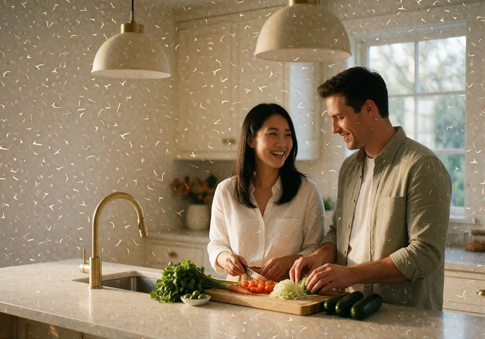 Asian woman and Western man preparing vegetables together at a kitchen island in warm evening light