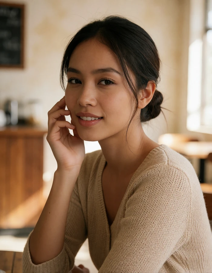 Filipina woman in a beige knit top resting her hand near her cheek in a softly lit café interior