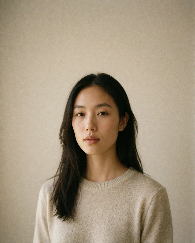Poised Asian woman in an oatmeal knit top photographed against a warm beige studio wall