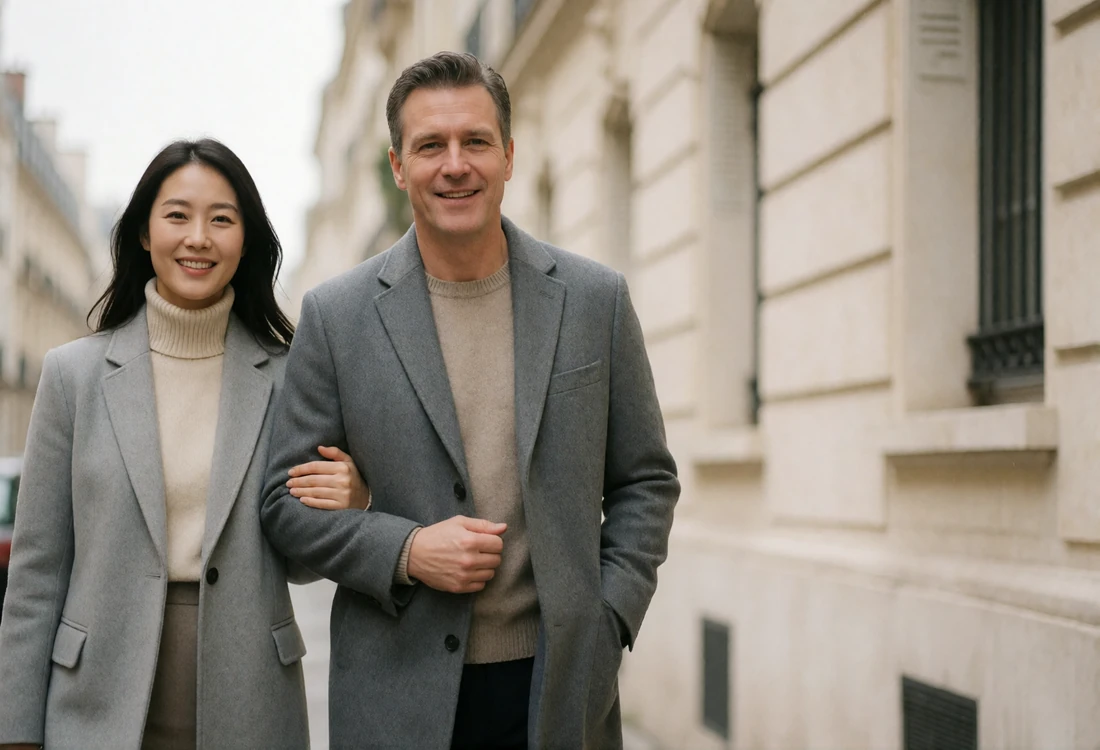 Couple walking arm in arm along a quiet upscale street, representing a first in-person meeting in Korea