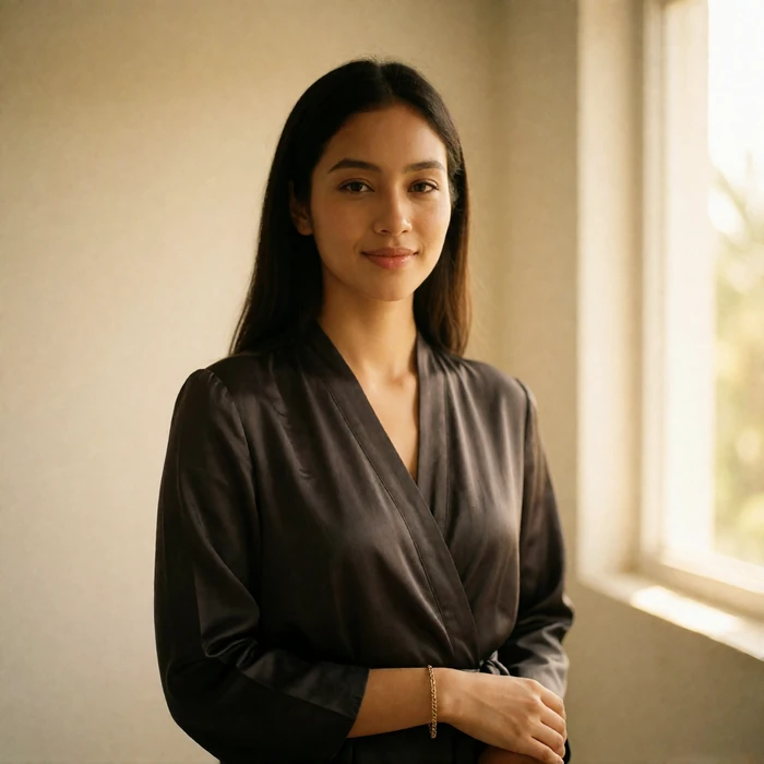 Bruneian woman in a deep charcoal modest blouse smiling near a bright window