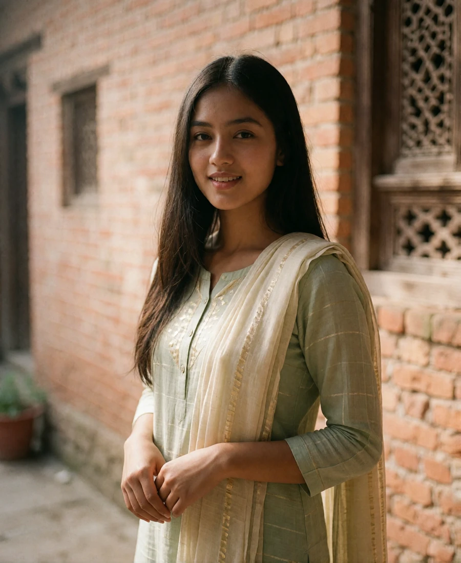 Young Nepali woman in a pale sage kurta standing in a brick courtyard in soft morning light