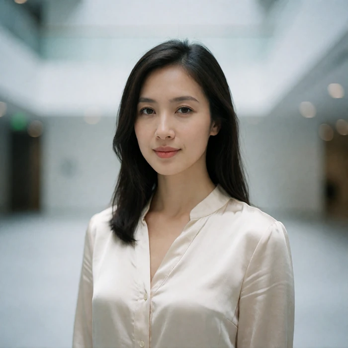 Singaporean woman in a pale champagne blouse in a bright modern atrium, smiling gently at the camera