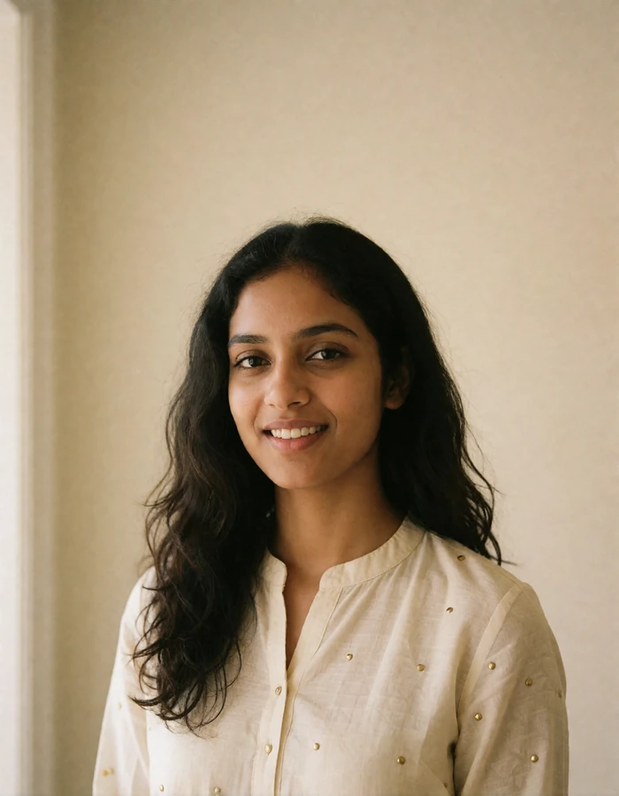 Young Indian woman with long dark wavy hair in an ivory kurta smiling naturally in soft indoor daylight