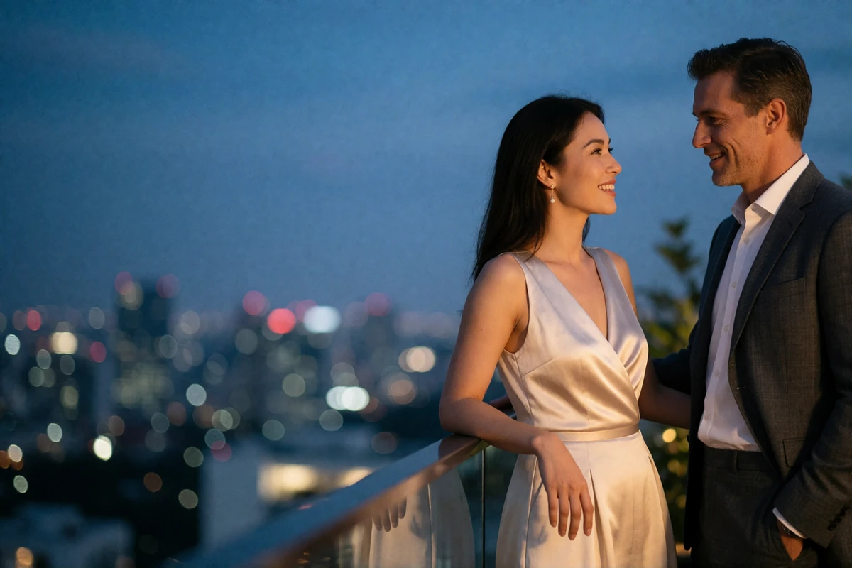 Couple at a rooftop bar railing at blue hour, turned toward each other mid-conversation with easy smiles