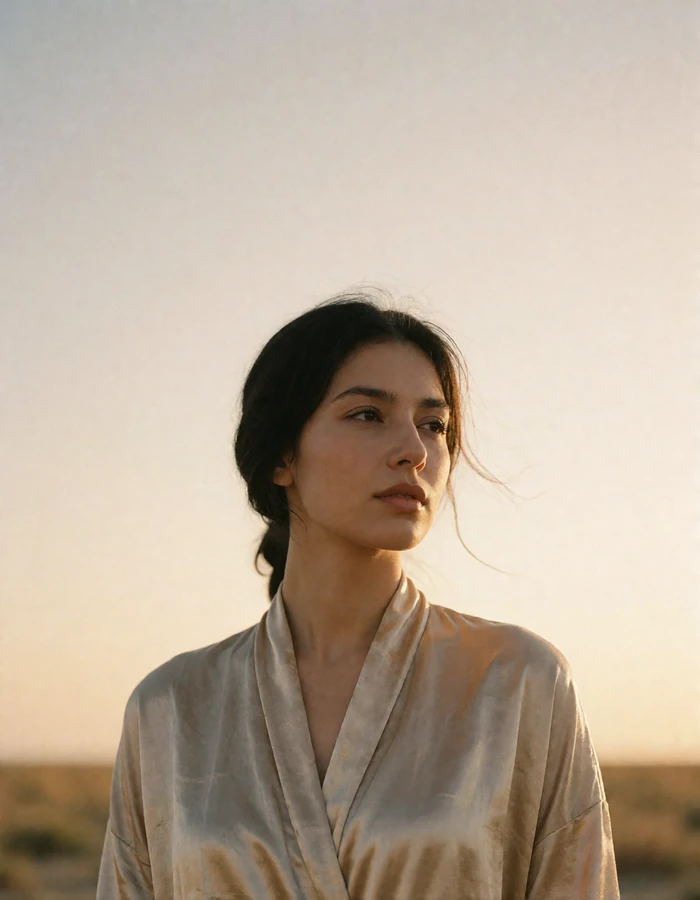 Turkmen woman with dark hair swept back, standing outdoors in warm evening light against an open horizon