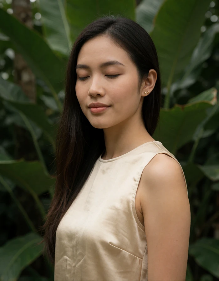 Thai woman in a cream sleeveless top standing in a tropical garden with soft green foliage behind her