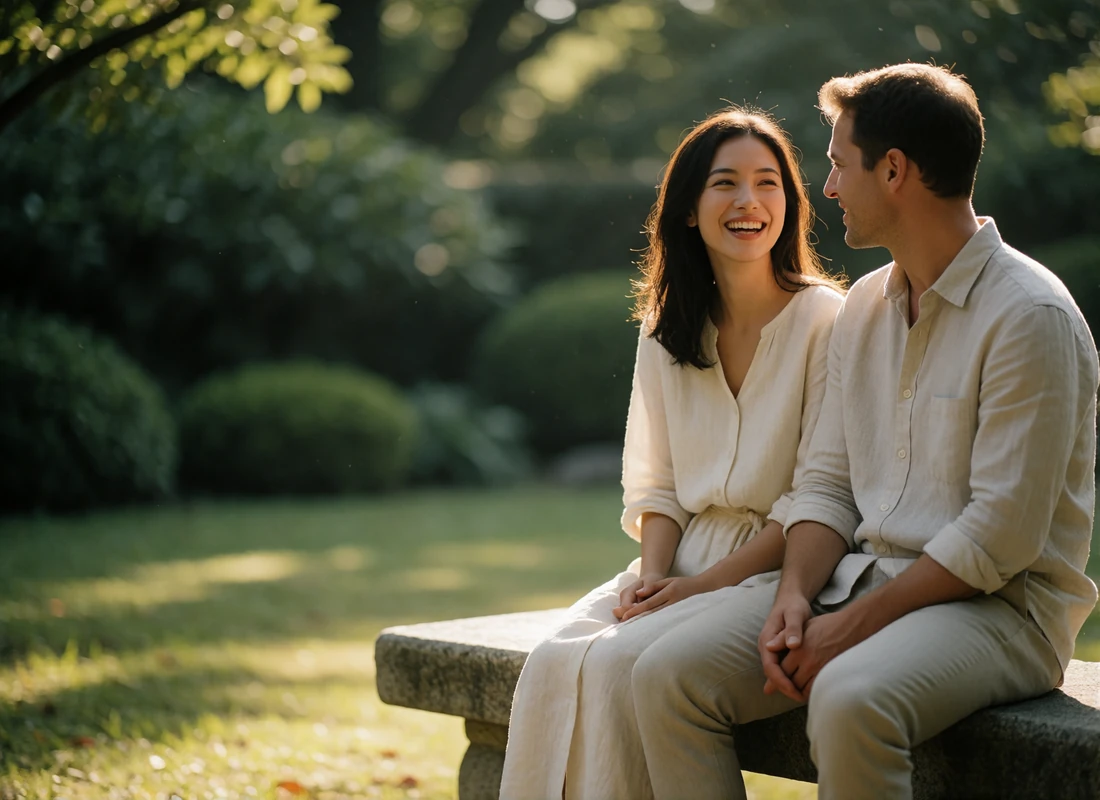 Couple sitting together on a stone bench in a quiet landscaped garden with soft afternoon light
