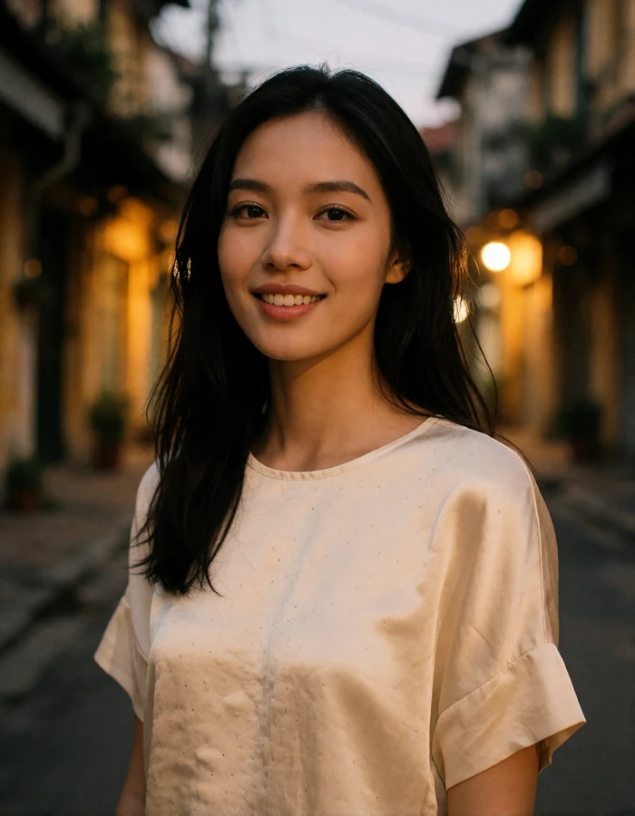 Vietnamese woman in a cream silk top smiling warmly on a dusk street with soft amber bokeh