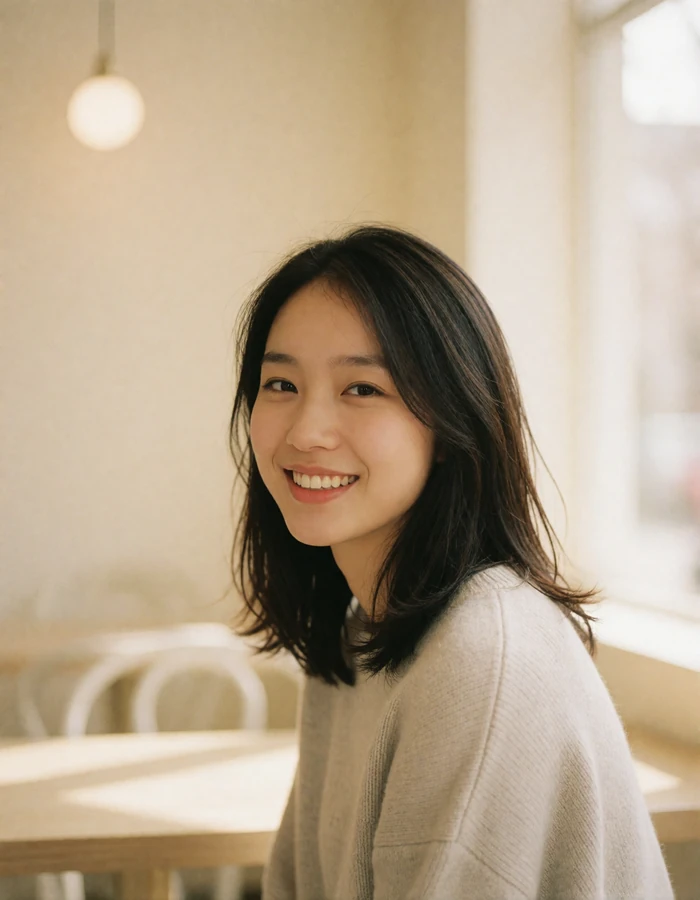 Young Taiwanese woman with shoulder-length dark hair smiling in a bright minimalist cafe