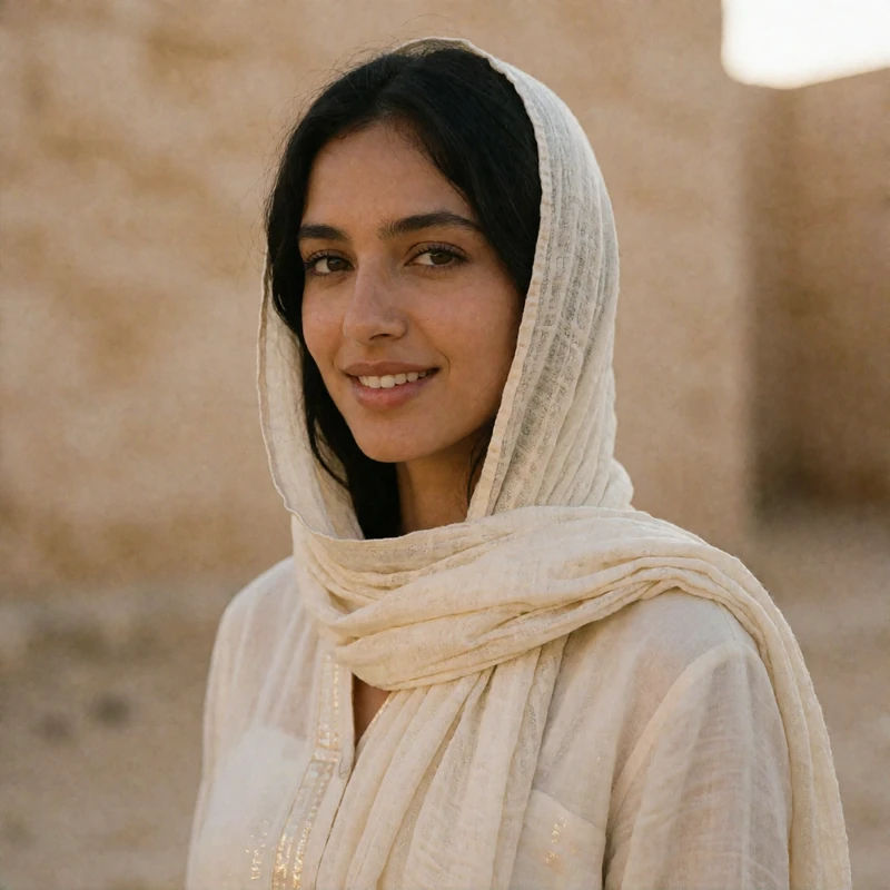 Yemeni woman in a cream headscarf smiling gently against a defocused sandstone wall