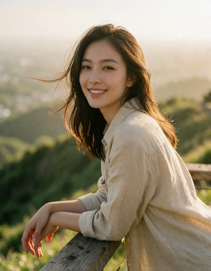 Taiwanese woman leaning on a wooden railing at a hillside overlook at golden hour