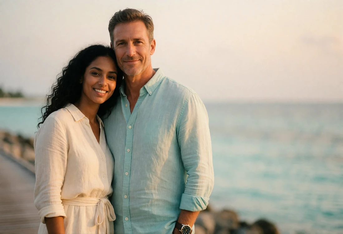 Couple standing together on a quiet shoreline boardwalk at golden hour, illustrating a first in-person meeting