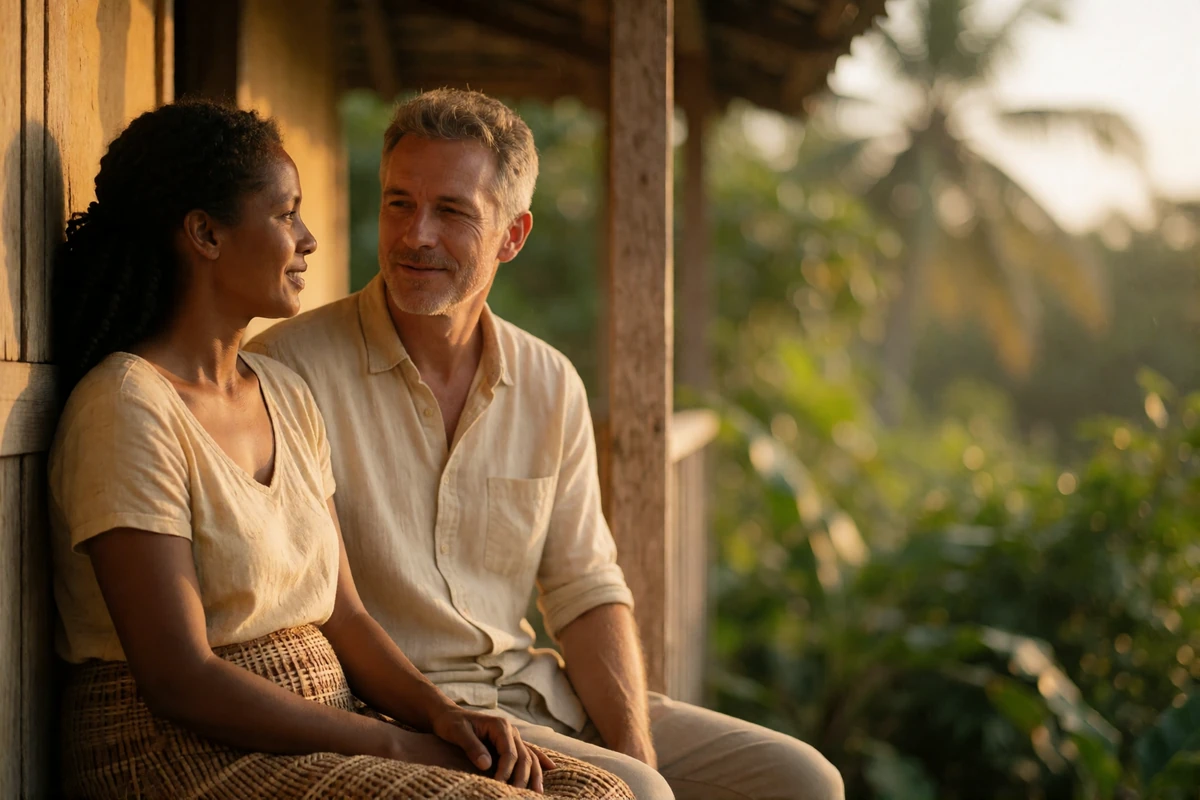 Couple seated close on a shaded wooden veranda in quiet conversation, representing life after a first meeting