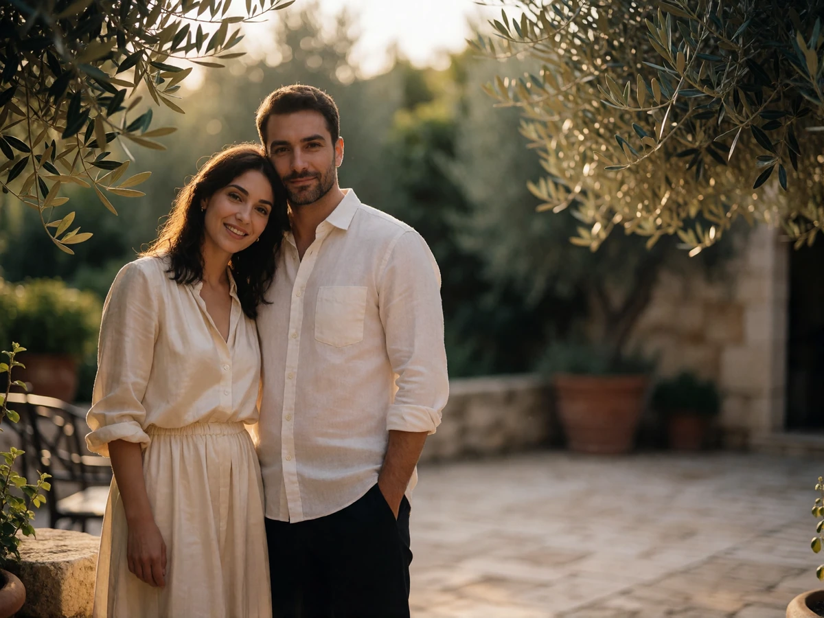 Couple leaning together on a sunlit garden terrace, illustrating a first in-person meeting after months of messaging
