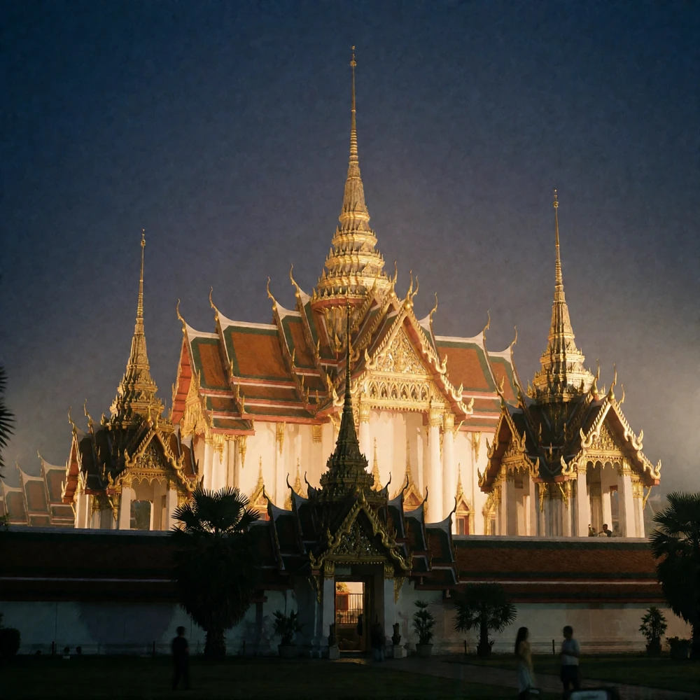 Gilded Thai temple spires lit by warm amber floodlight against a deep indigo night sky