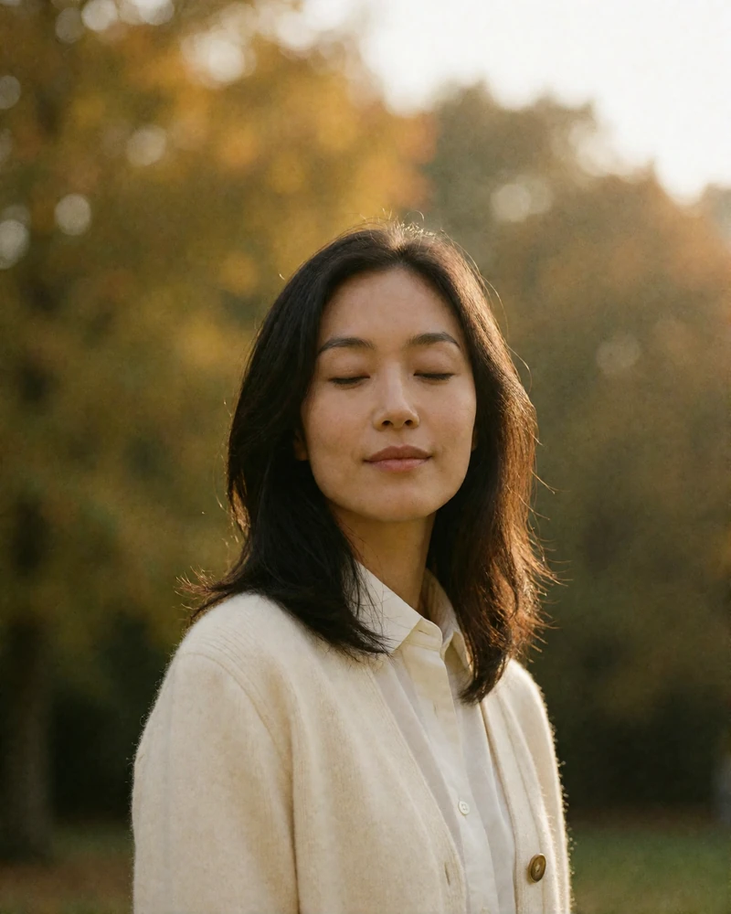 Asian woman in a cream cardigan smiling gently in a park with amber autumn foliage behind her