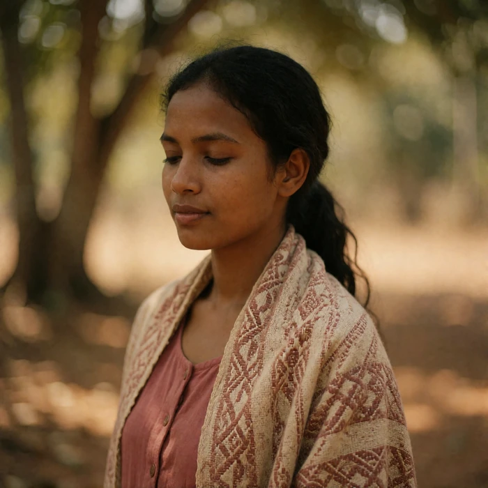 Timorese woman in a muted rose top with a handwoven shawl in a shaded open-air setting