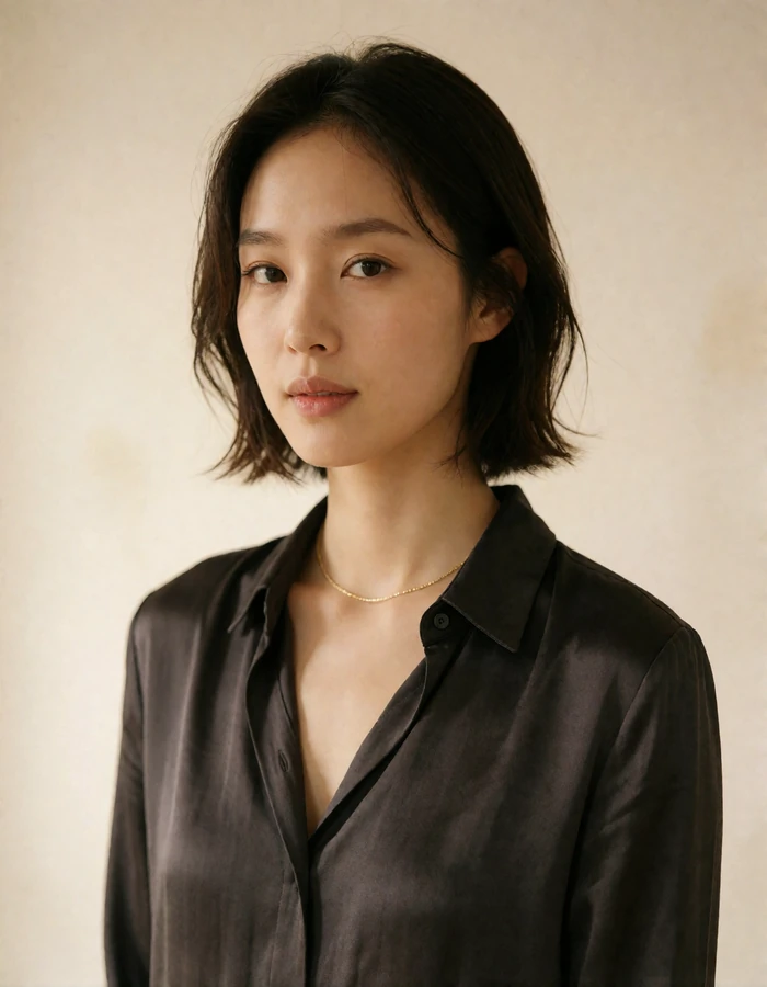 Korean woman in a charcoal silk blouse with a calm direct gaze against a plain cream backdrop