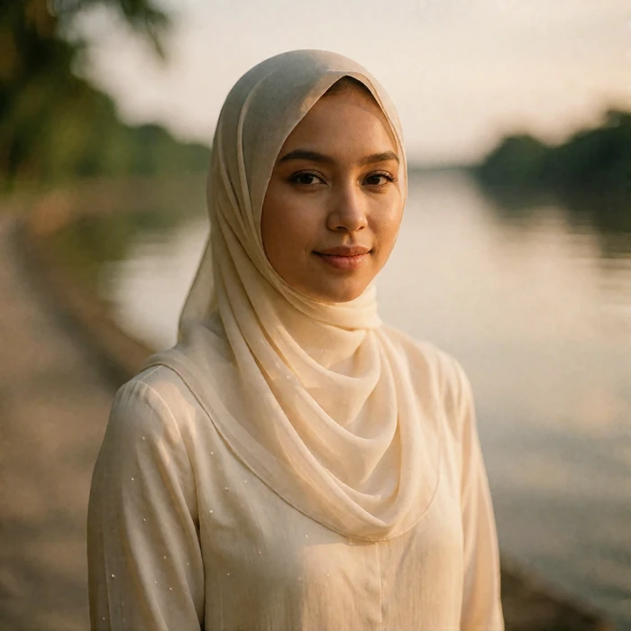 Bruneian woman in a cream long-sleeved top with a pale headscarf beside a calm riverside walkway at golden hour