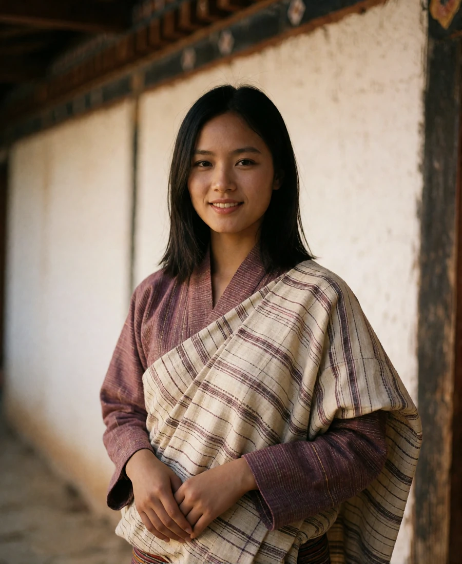 Young Bhutanese woman in a handwoven plum and ivory kira standing in soft morning light against a whitewashed wall