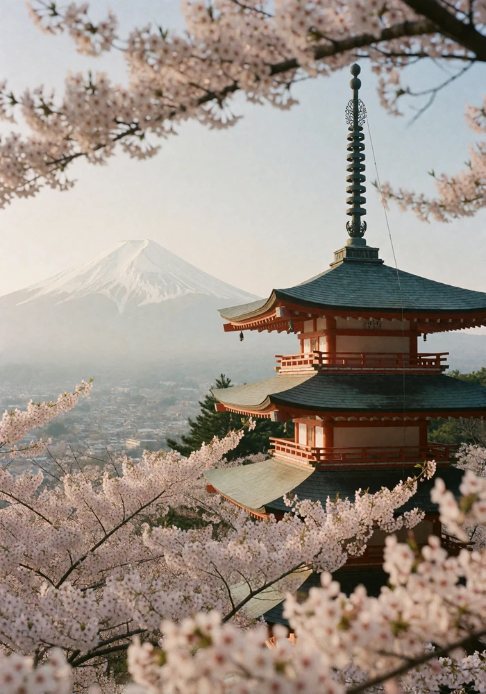 Wooden pagoda framed by cherry blossom on a misty Japanese hillside, evoking Japanese dating culture