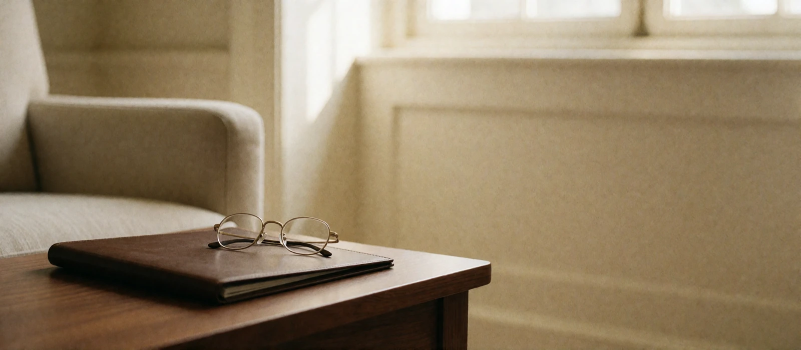 Closed leather folder and reading glasses on a walnut table in a quiet, softly lit reading room