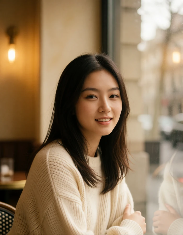 Young Chinese woman in a cream knit sweater smiling at a cafe window in warm afternoon light