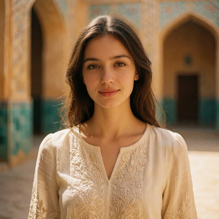 Uzbek woman in a cream embroidered blouse smiling in a sunlit tiled courtyard