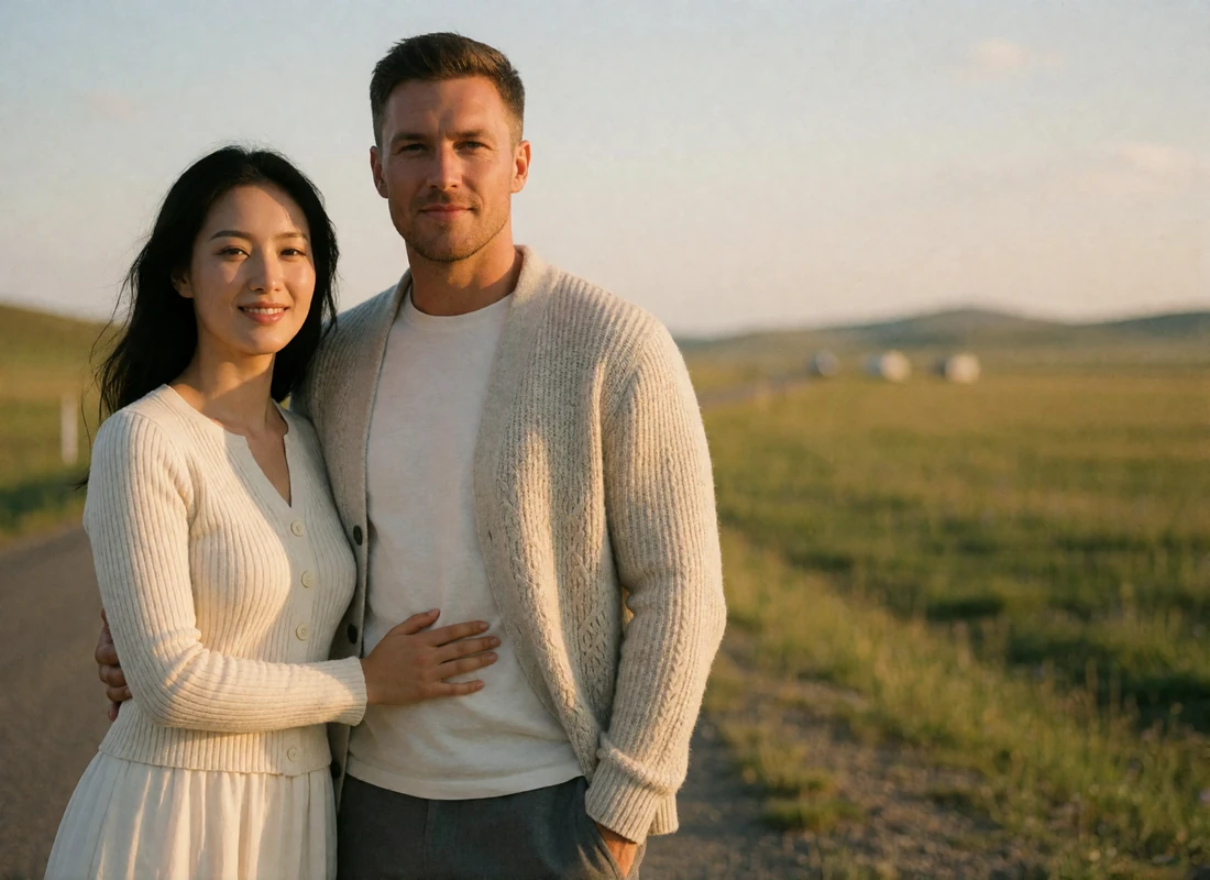 Couple standing together beside an open grassland road at golden hour after months of messaging